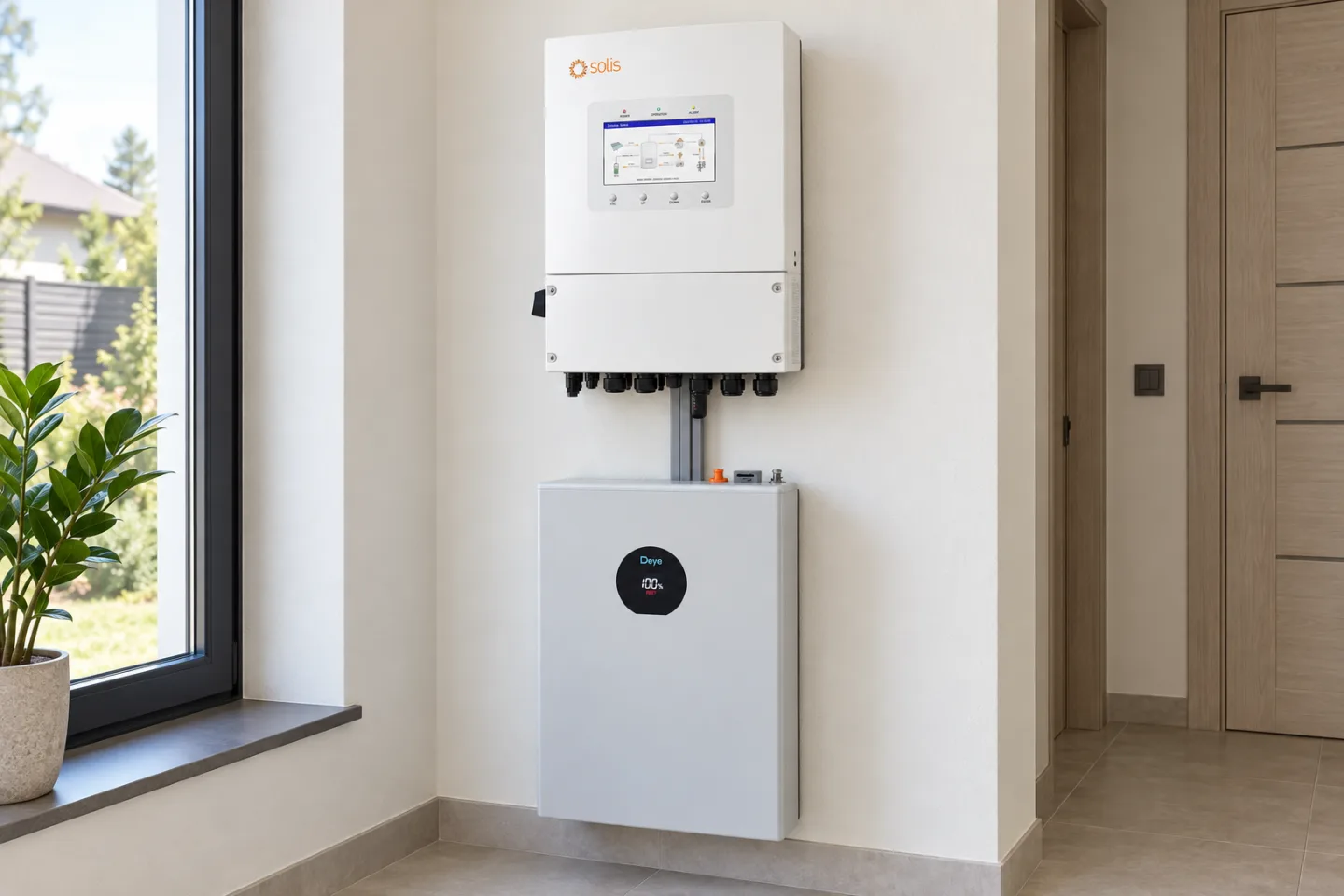 Інвертор Solis S6-EH1P6K-L-PLUS на стіні, під ним батарея Deye SE-F5 Pro-C